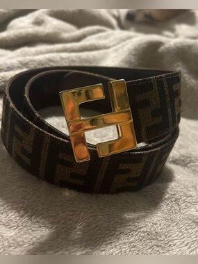 FENDI Vintage Zucca Buckle Wide Belt FF Gold Logo Canvas Leather Brown “Read”